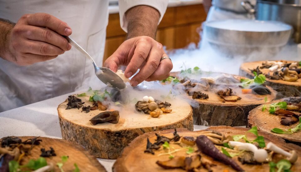 chef preparing vegetable dish on tree slab